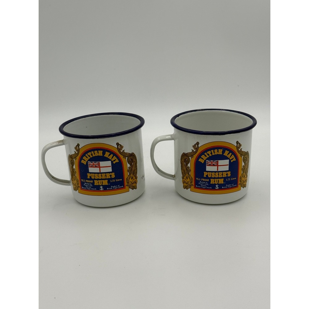 Pusser's Rum British Navy Enamel Tin Mugs Pair Royal Navy Terminology White Blue